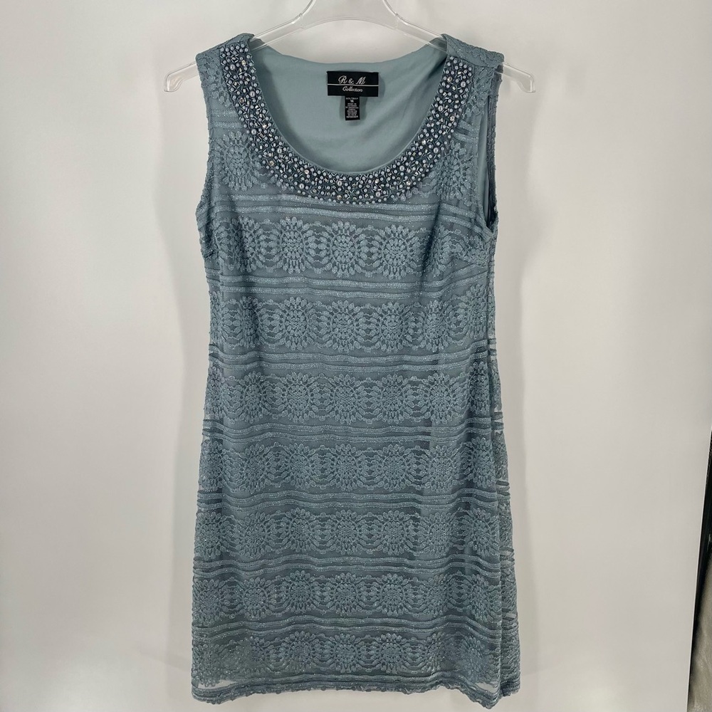 R & M Richards Peacock Blue Silver Lined Lace Overlay Beaded Collar Shift Dress